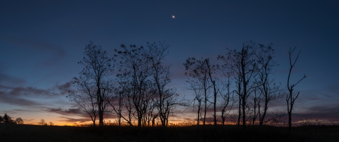 A crescent moon is seen in the early morning sky at dawn, as seen from Big Meadows along Skyline Drive.